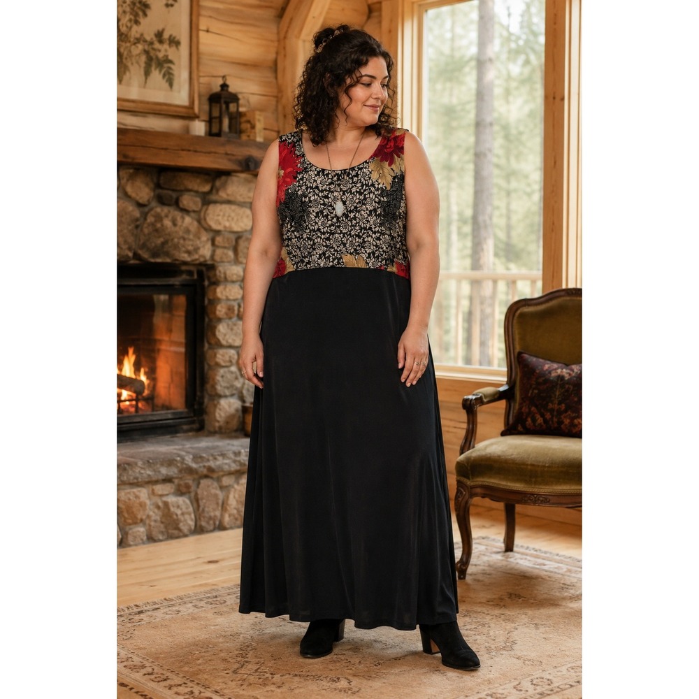 Vintage Y2K 90s Velvet Patchwork Floral Corduroy Coldwater Creek XL Maxi Dress